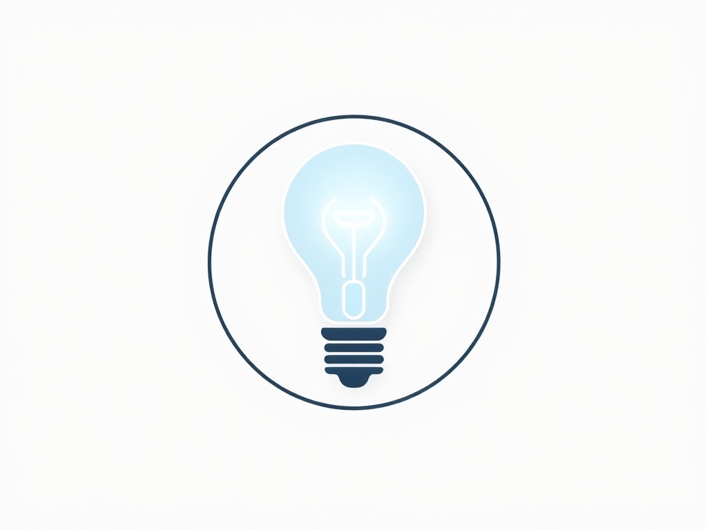 A minimalist geometric icon representing a glowing light bulb inside a circle, clean lines, photorealistic 8k, white background.